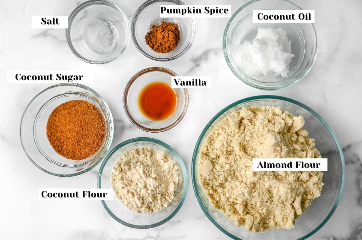 almond flour pie crust ingredients on a white background.